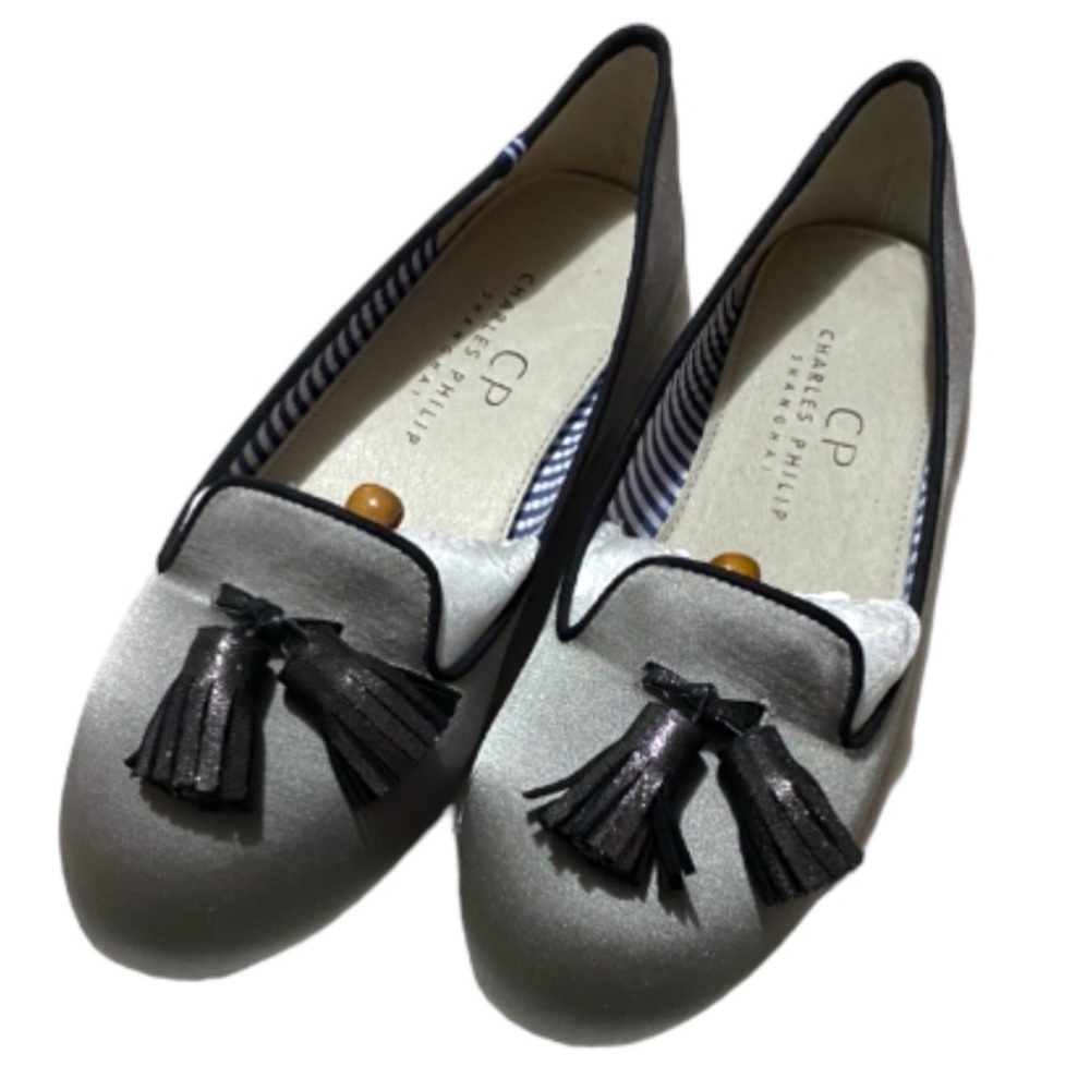 Charles Philip Silver and Black Shiny round toe Flats With tassels and pillows